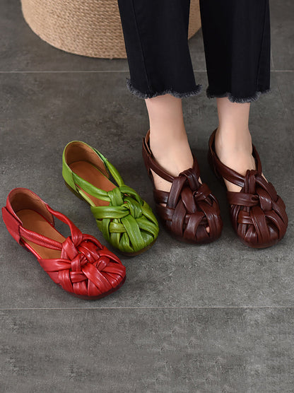 Summer Leather Flat Retro Women Weave Genuine Shoes