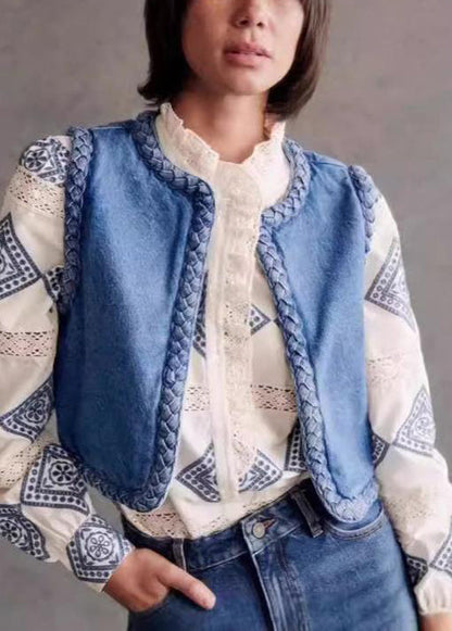 O Bohemian Cotton Filled Blue Fine Denim Vest Neck Sleeveless