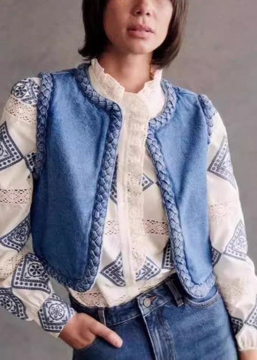 O Bohemian Cotton Filled Blue Fine Denim Vest Neck Sleeveless