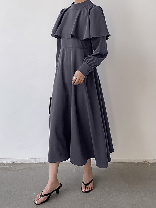 Ruffle Waist Long Mock Tied A-Line Elegant Trim Neck Coffee