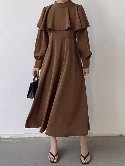 Ruffle Waist Long Mock Tied A-Line Elegant Trim Neck Coffee