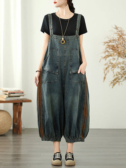 Jumpsuits Summer Worn Stripe Denim Women Loose