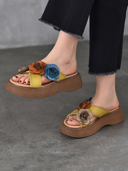 Women Summer Platform Spliced Flower Leather Slippers