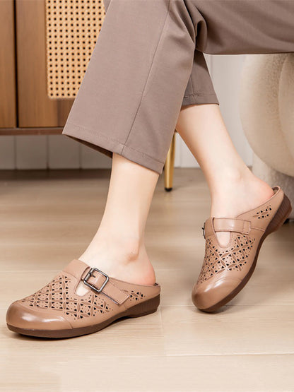 Heel Hollow Out Genuine Low Leather Women Shoes Vintage