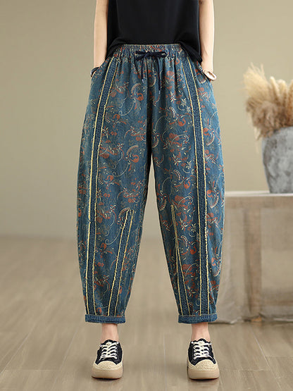 Denim Patchwork Pants Harem Women Retro Flower