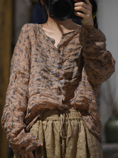 Shirt O-Neck Autumn Women Button Floral Vintage Ramie