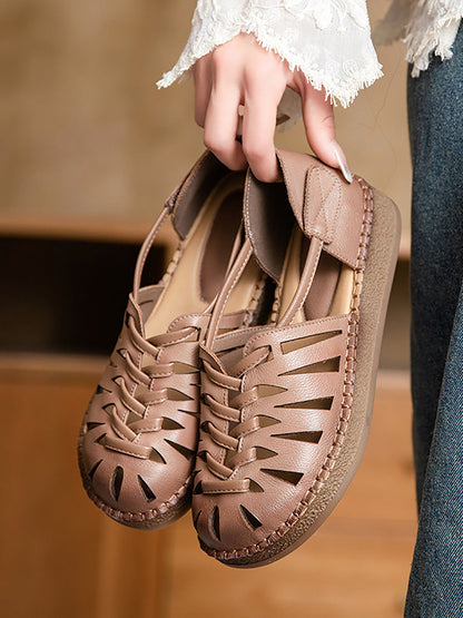 Leather Sandals Heel Low Women Weave Summer