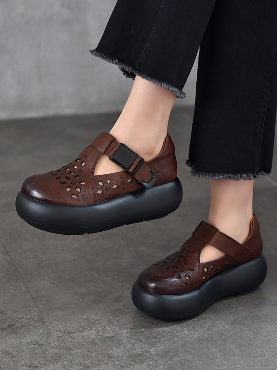 Out Hollow Casual Leather Women Genuine Shoes Summer Platform