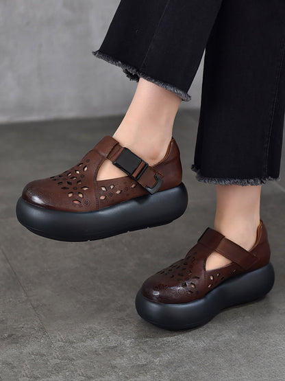 Out Hollow Casual Leather Women Genuine Shoes Summer Platform