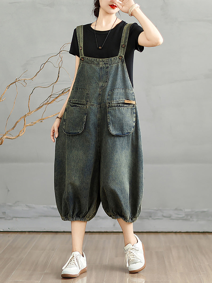 Jumpsuits Women Cropped Denim Pure Color Worn Summer