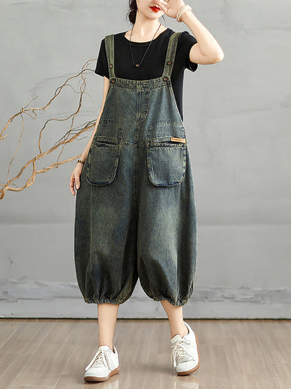 Jumpsuits Women Cropped Denim Pure Color Worn Summer