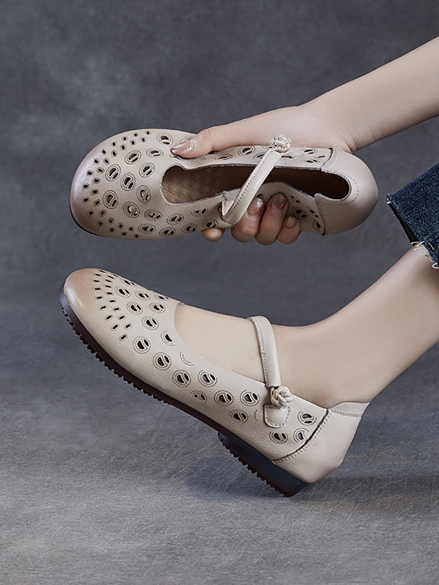 Genuine Shoes Women Summer Hollow Out Heel Low Leather