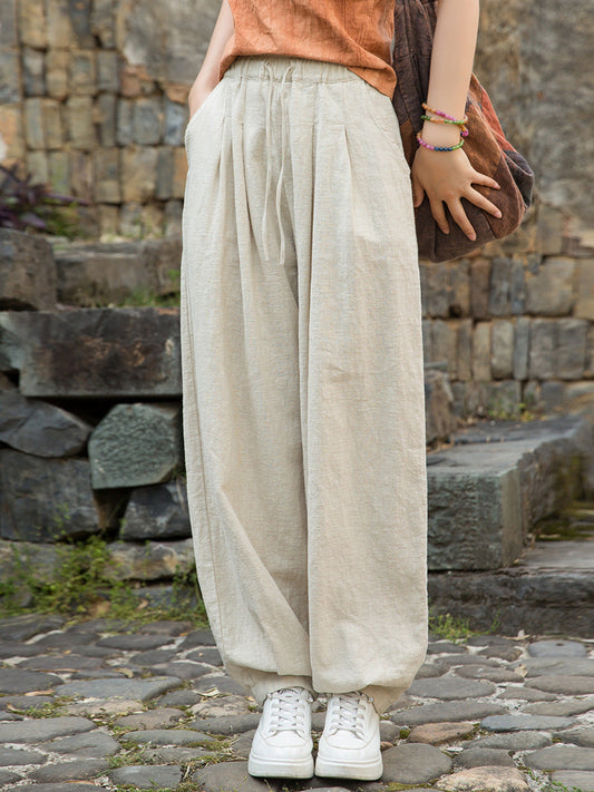 Women Pure Ramie Straight Worn Color Summer Pants