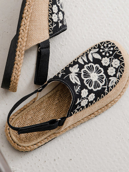 Women Sandals Linen Embroidery Ethnic Flower