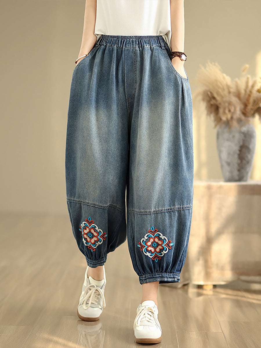 Denim Flower Women Pants Harem Embroidery Retro