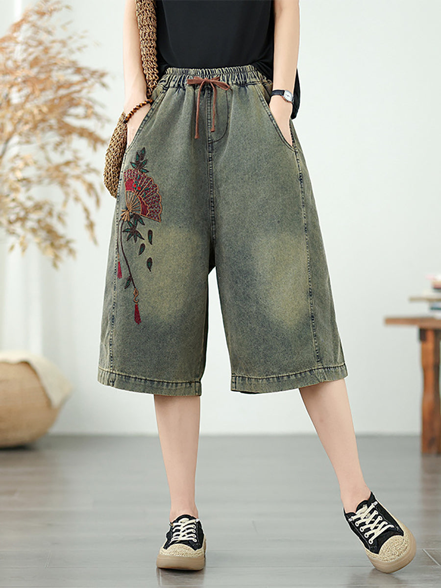 Straight Embroidery Women Denim Fifth Pants Flower Retro