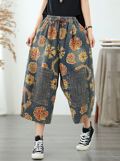 Women Straight Pants Retro Capri Flower Denim