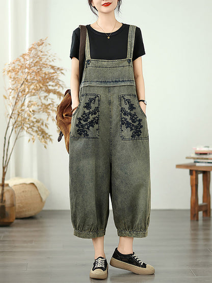 Long Jumpsuits Women Flower Embroidery Denim Summer