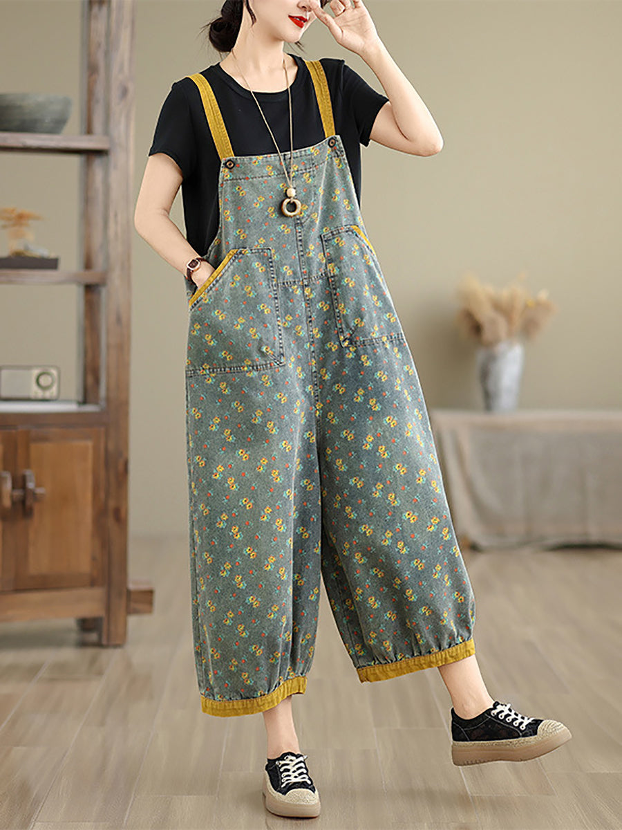 Women Casual Denim Jumpsuits Floral Wide-leg Summer