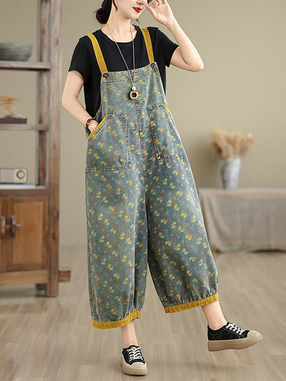 Women Casual Denim Jumpsuits Floral Wide-leg Summer