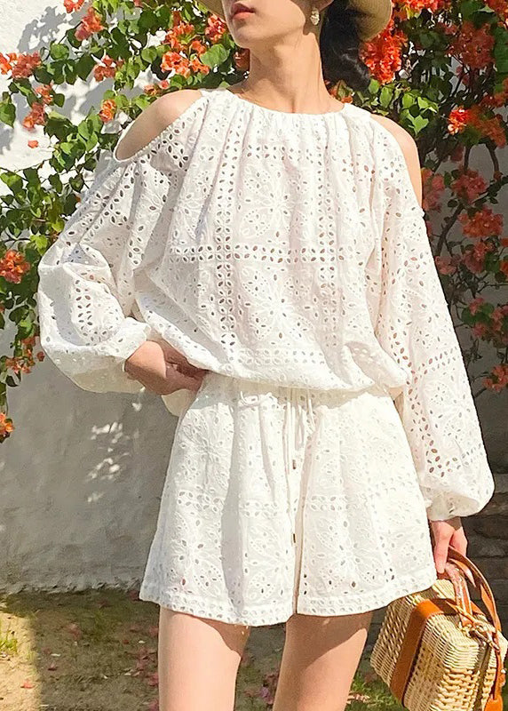 Two Shoulder Pieces Cotton Shirt Beige Shorts Cold And Boutique