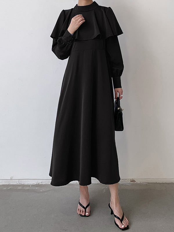 Ruffle Waist Long Mock Tied A-Line Elegant Trim Neck Coffee