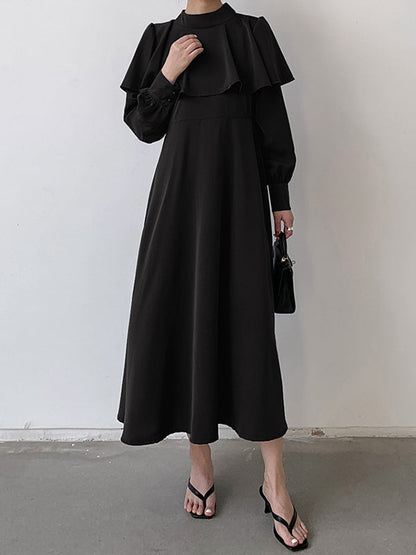 Ruffle Waist Long Mock Tied A-Line Elegant Trim Neck Coffee