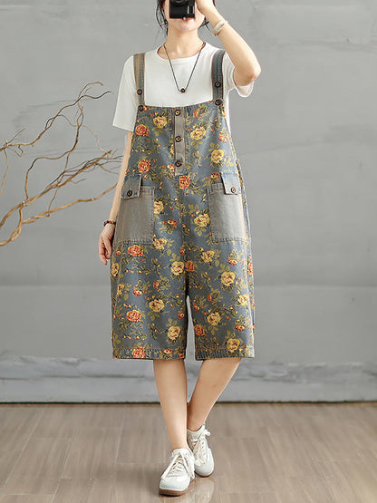 Denim Jumpsuits Short Artsy Women Flower Summer