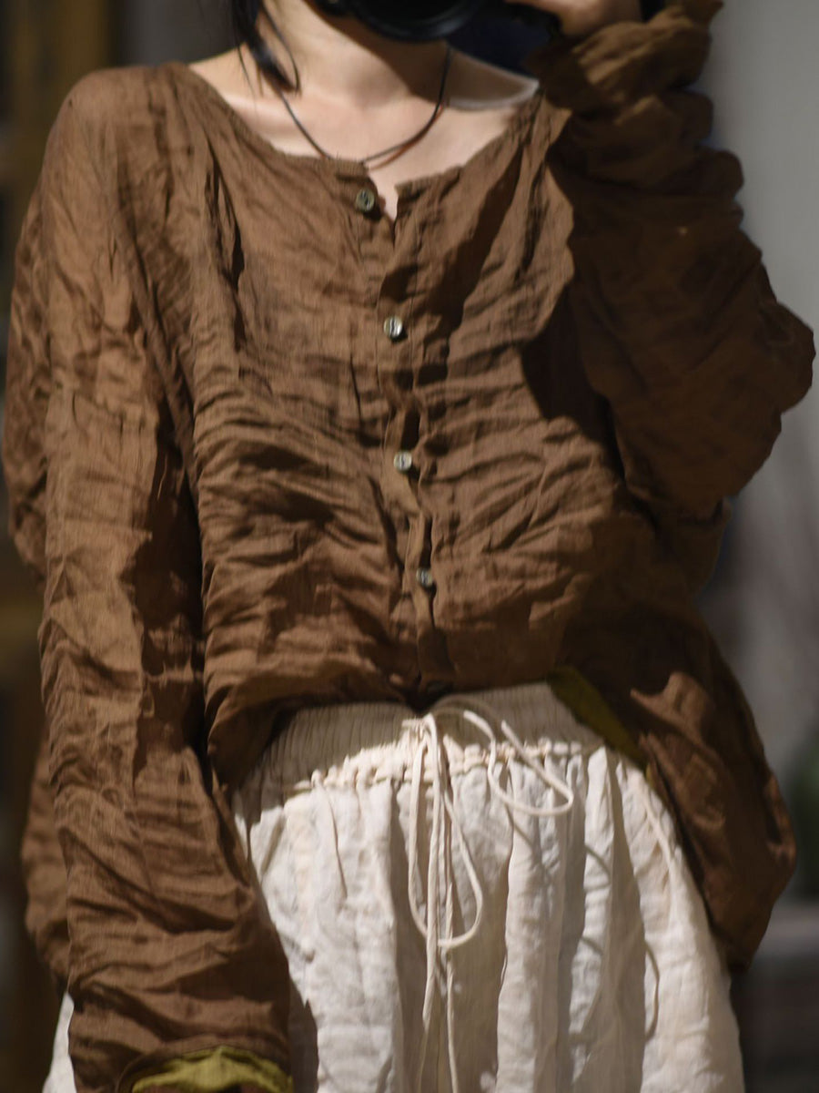 Shirt O-Neck Autumn Women Button Floral Vintage Ramie