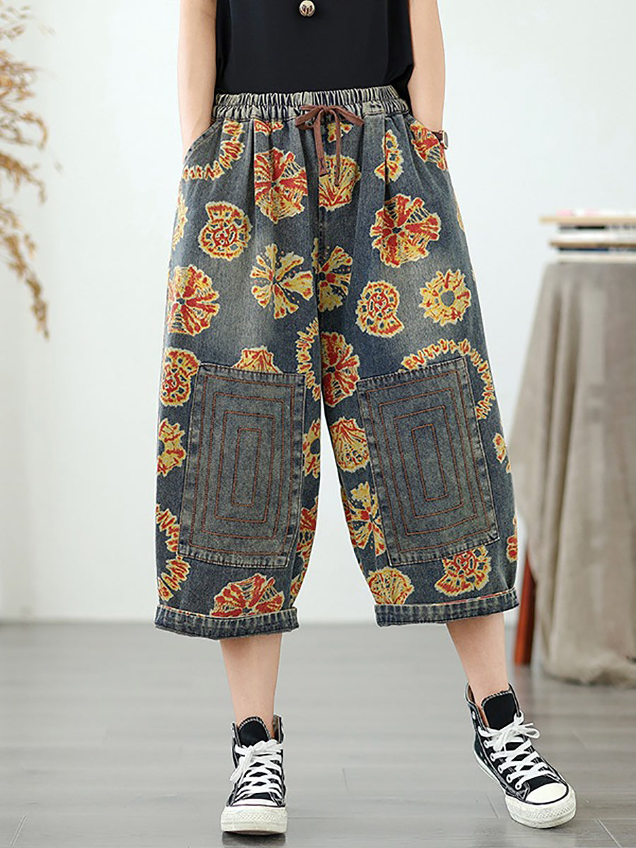 Women Straight Pants Retro Capri Flower Denim