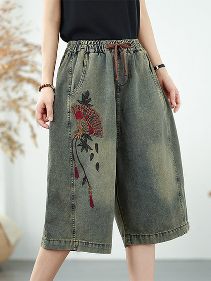 Straight Embroidery Women Denim Fifth Pants Flower Retro