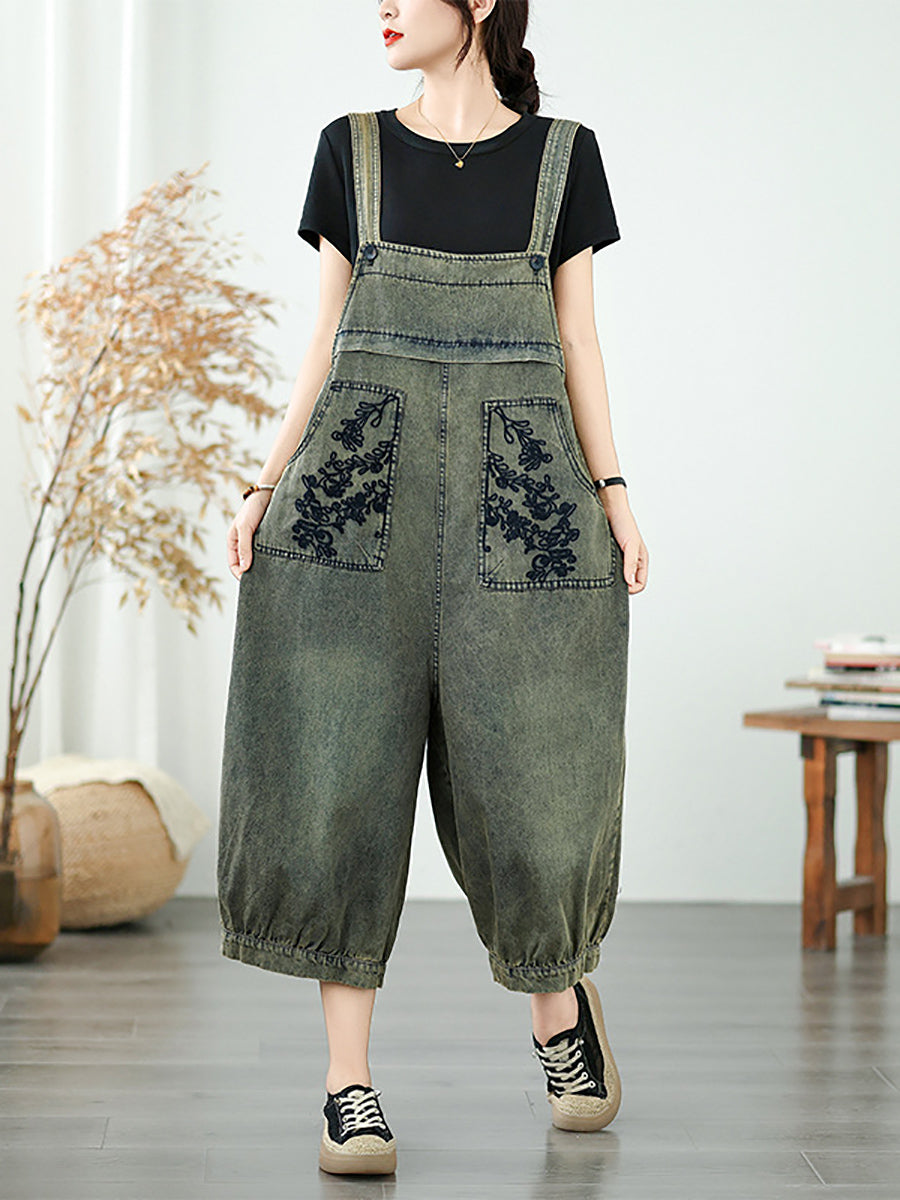 Long Jumpsuits Women Flower Embroidery Denim Summer