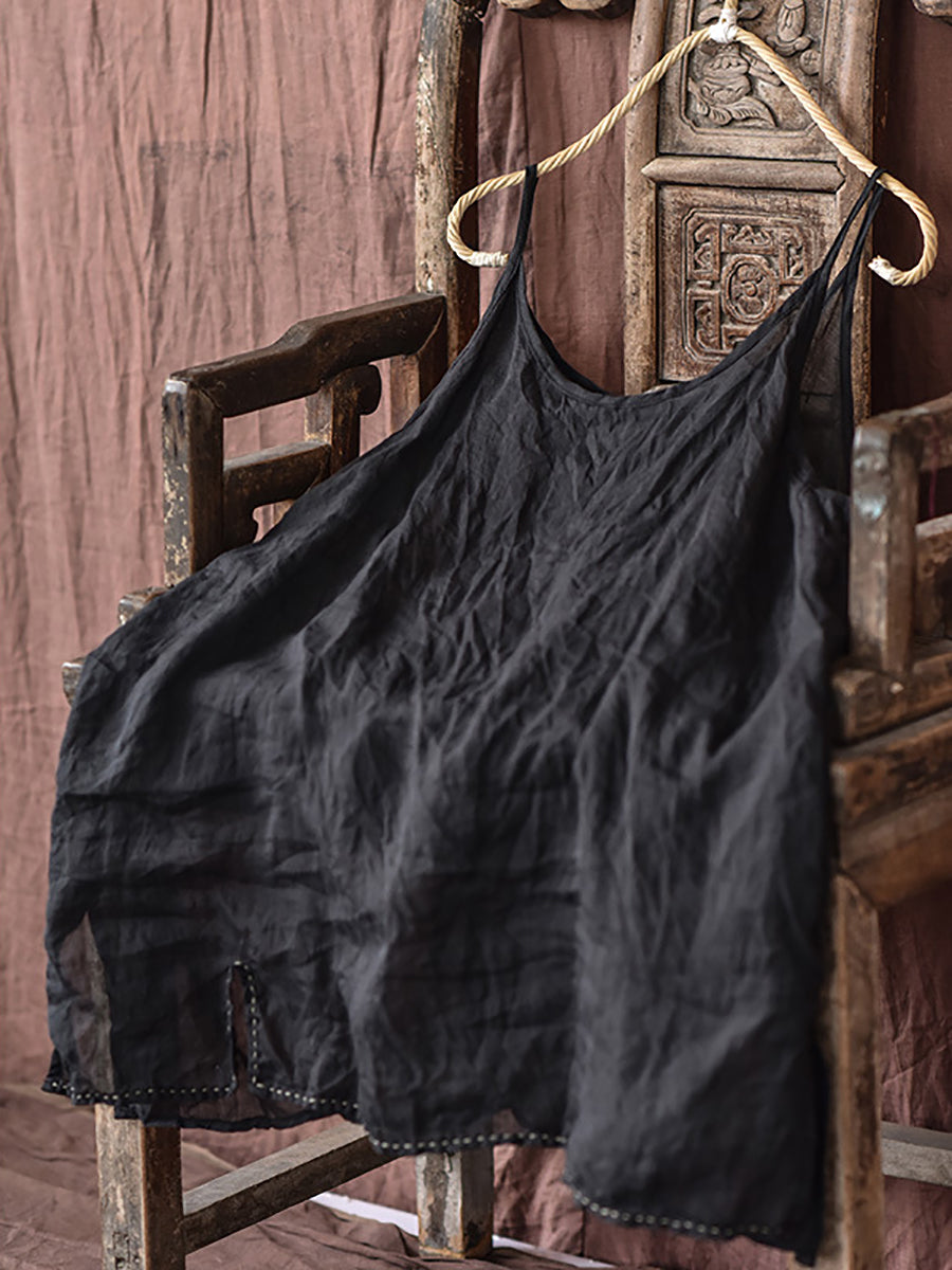 Women Casual Solid Split Hem Stitching Loose Ramie Vest LL023