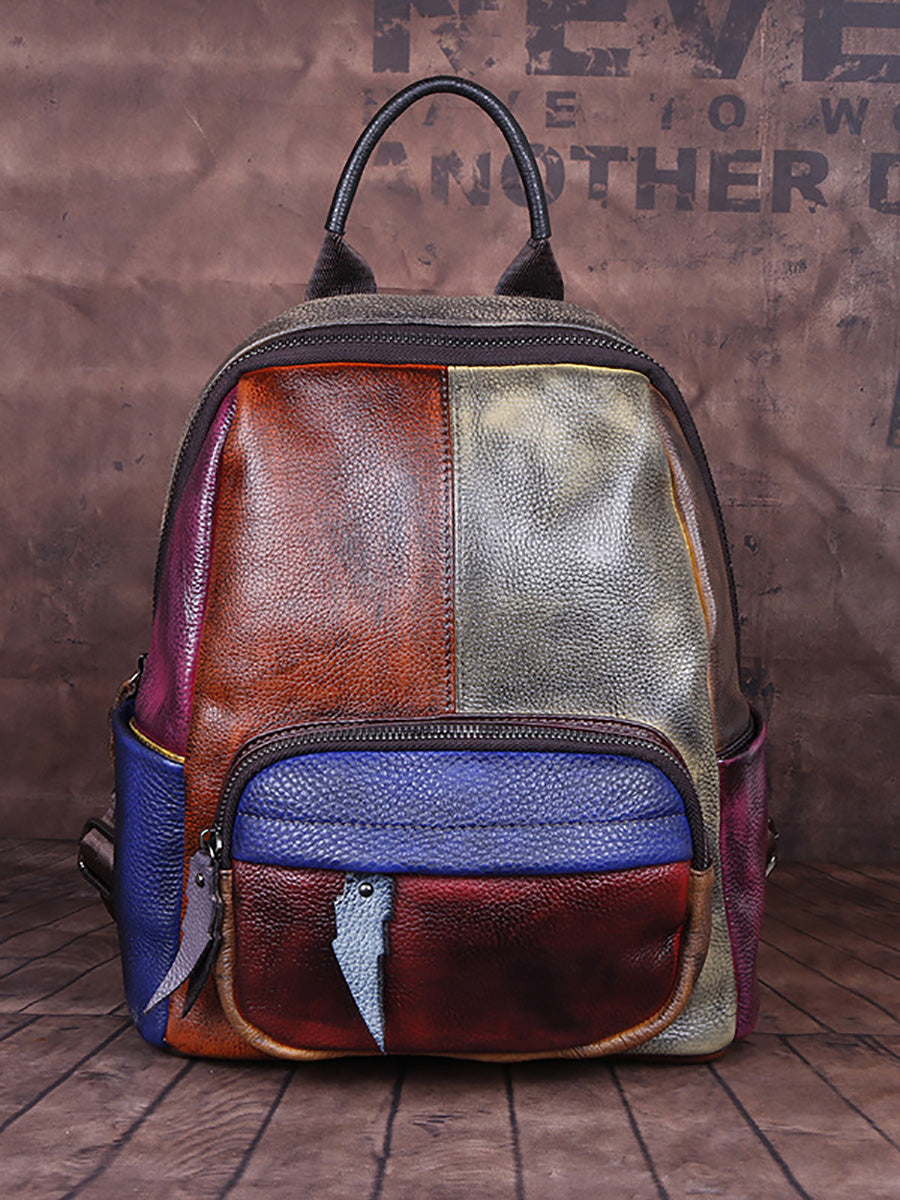 Women Colorblock Hand Painted Outdoor Leather Backpack AH1072