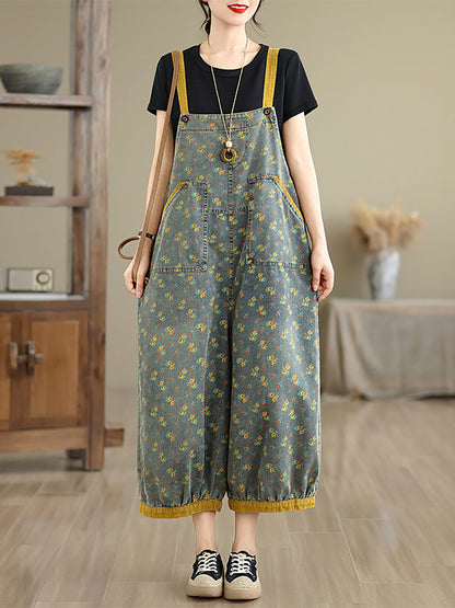 Women Casual Denim Jumpsuits Floral Wide-leg Summer