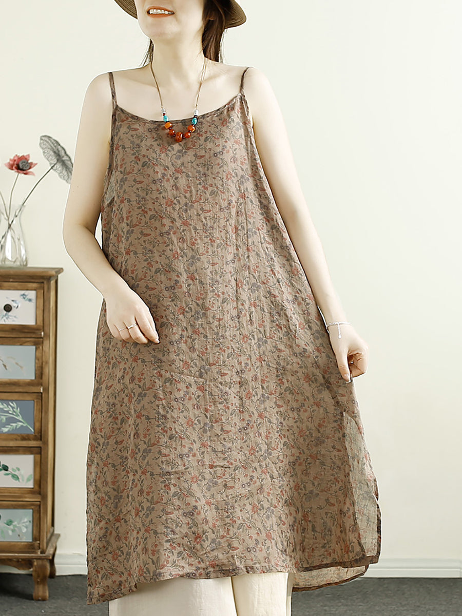 Women Summer Vintage Flower Ramie Vest Dress ZZ1045