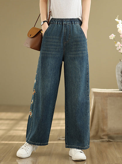 Pants Embroidery Women Wide-leg Retro Denim