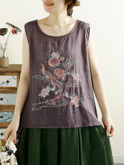 Women Vintage Flower Embroidery Ramie Summer Vest WE1022