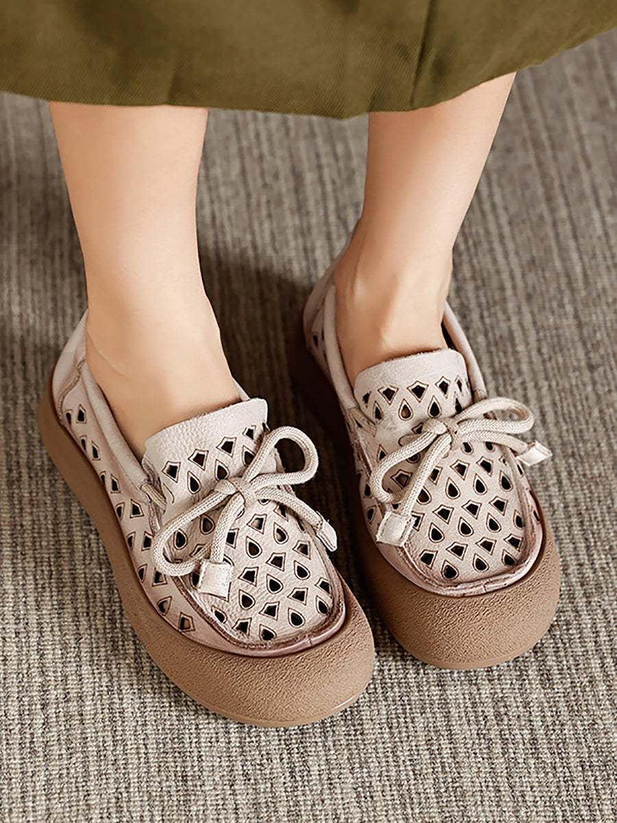 Genuine Shoes Hollow Out Summer Leather Flat Women