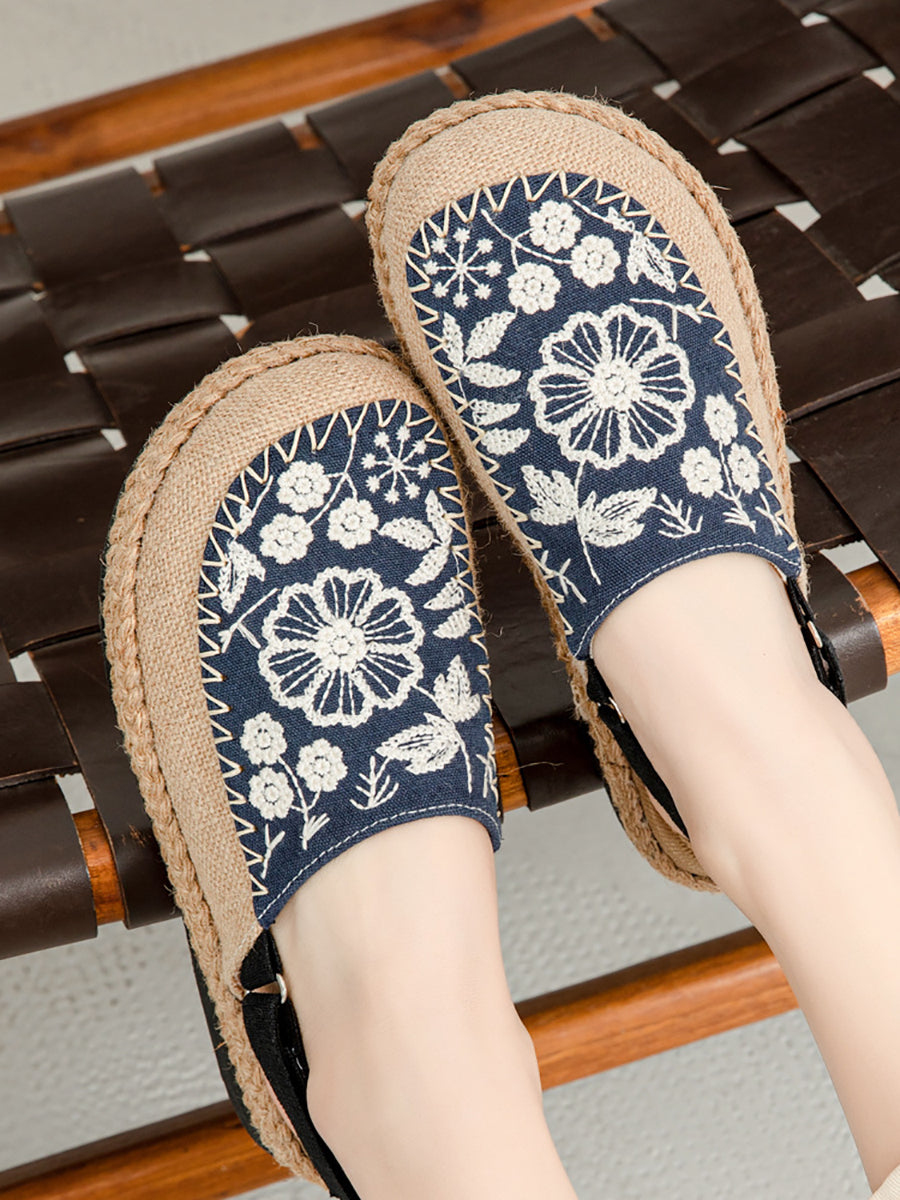 Women Sandals Linen Embroidery Ethnic Flower