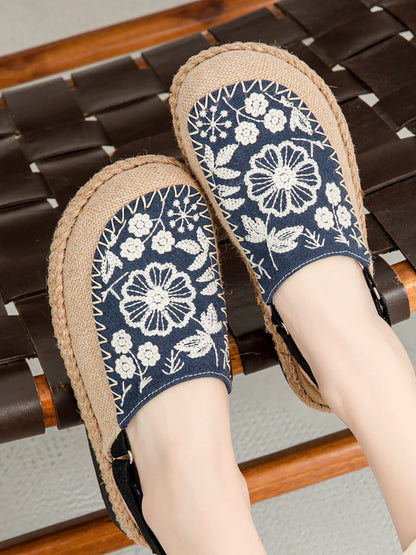 Women Sandals Linen Embroidery Ethnic Flower