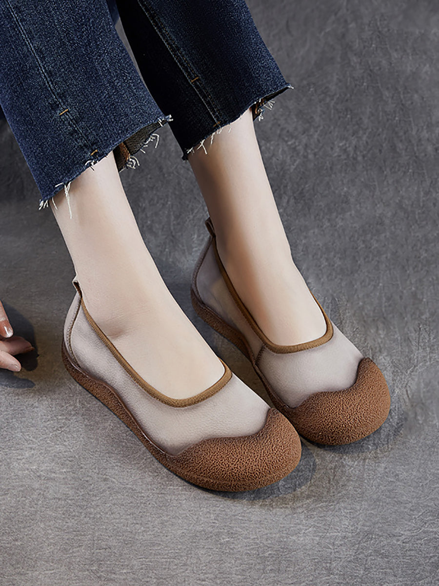 Summer Colorblock Leather Women Flat Genuine Shoes