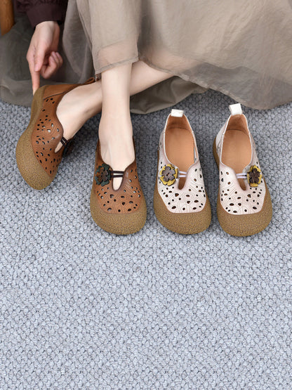 Leather Fashion Shoes Hollow Women Out Flower Flat