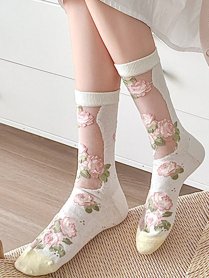 3 Pairs Women Elegant Flower Lace Spliced Thin Socks ZZ1010