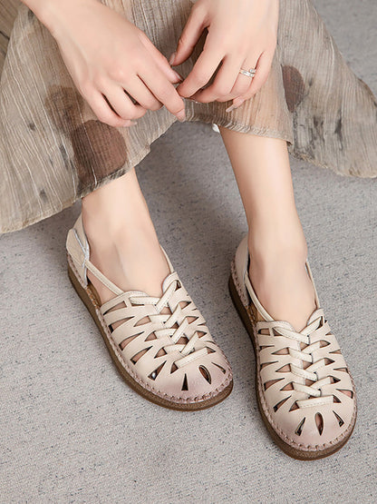 Leather Sandals Heel Low Women Weave Summer