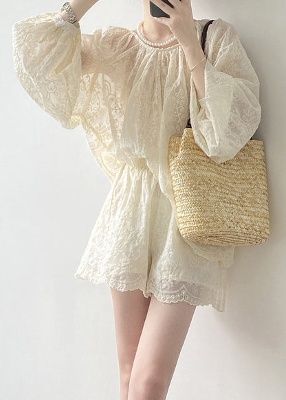 Spring Embroidered And Shorts Set Tops Two Piece Beige Art Cotton