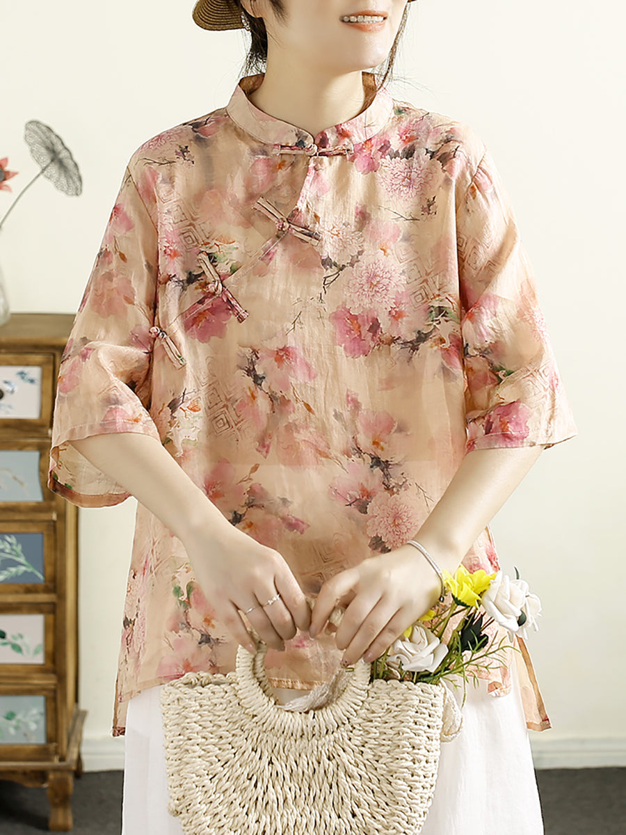 Women Summer Vintage Floral Buckle Ramie Shirt OO1043