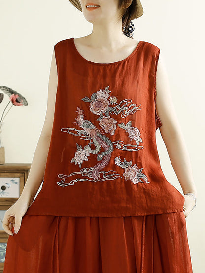 Women Vintage Flower Embroidery Ramie Summer Vest WE1022