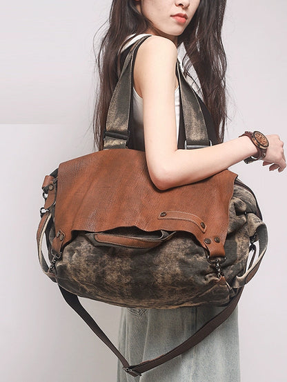 Women Vintage Genuine Leather Spliced Shoulder Bag WU016