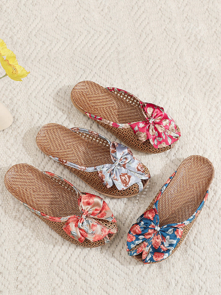 Bowknot Ethnic Weave Women Indoor Slippers Straw Flower